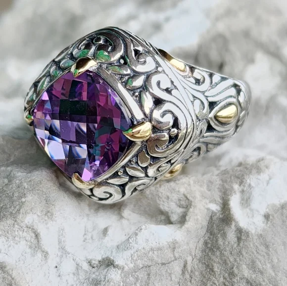 Samuel Benham 925 Sterling Silver 18k Gold Amethyst Designer Size 6.75 Ring BJC - Picture 2 of 12
